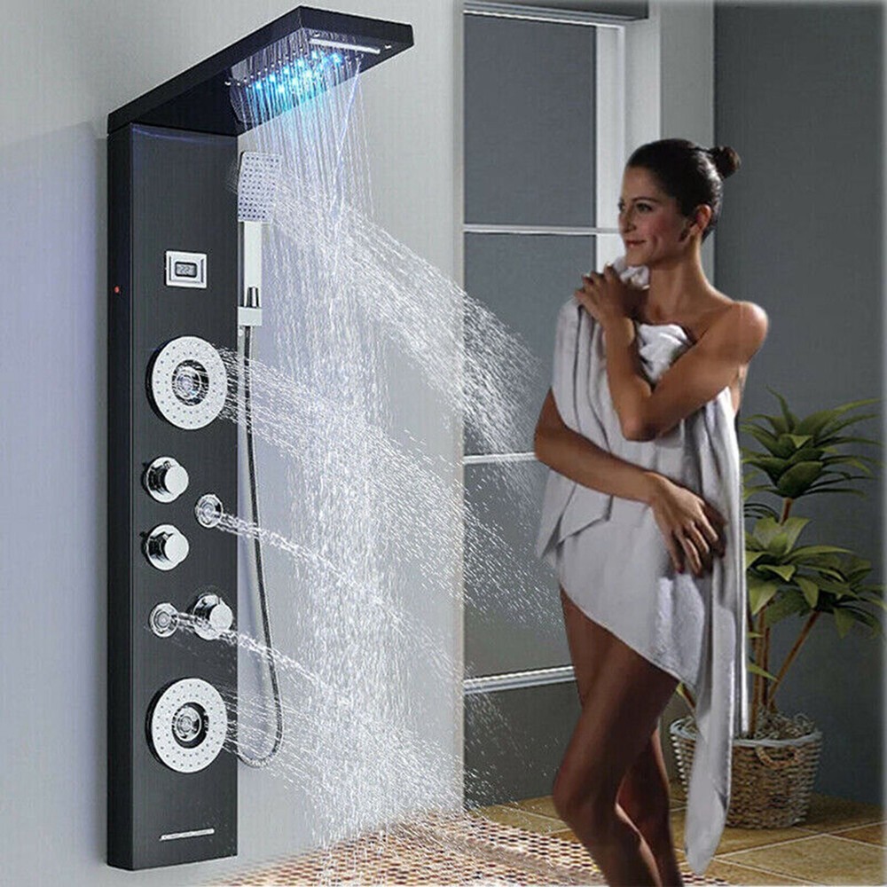 LED Shower Panel Tower System Brushed Black with Handle Massage Jet