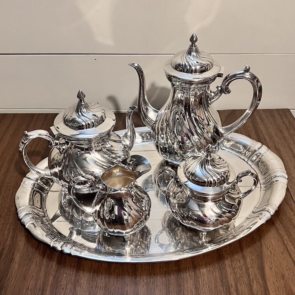 WMF Silver plate Coffee Tea Set 5pc with Tray 18in Swirl Pattern Germany