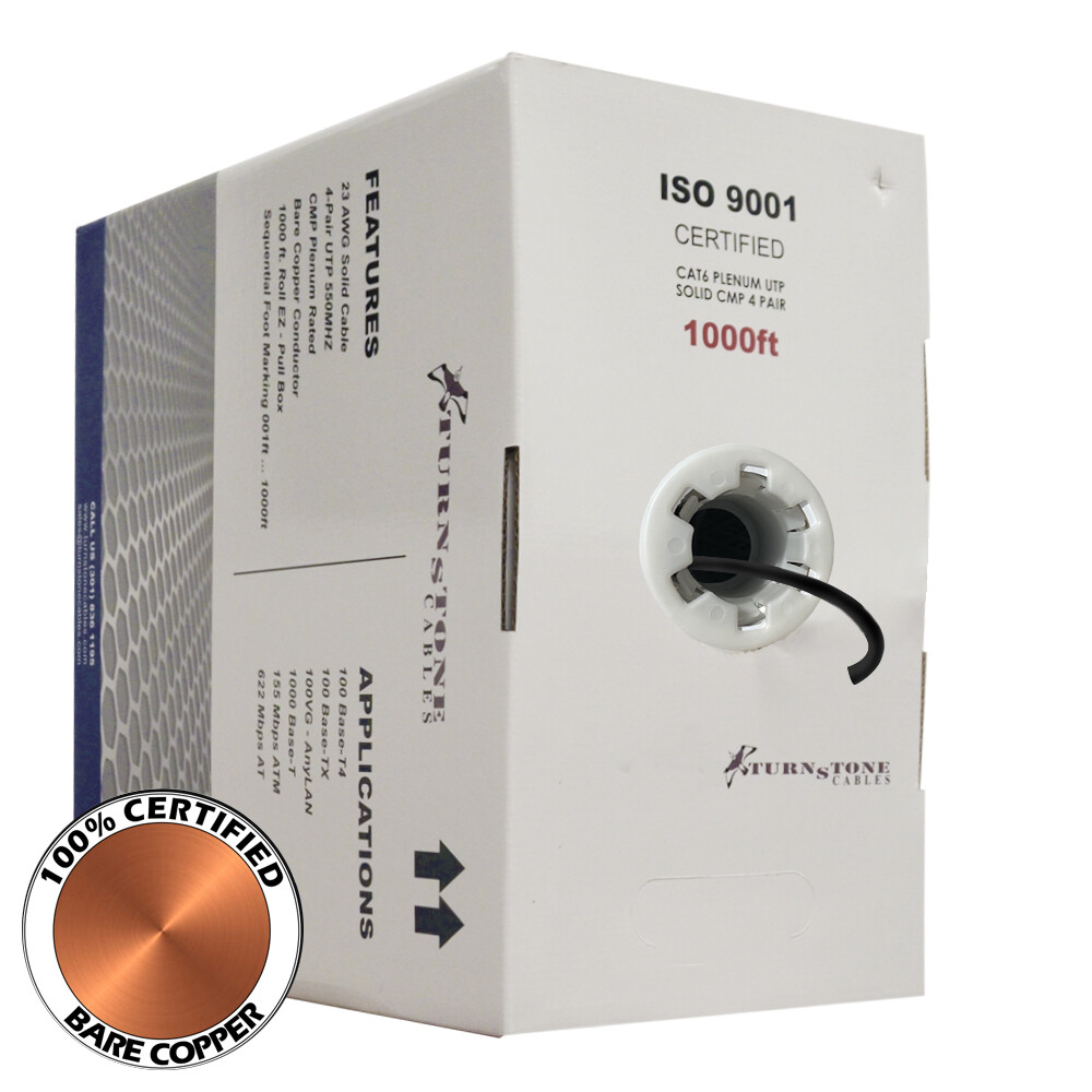 TSCables 550Mhz Cat6 Plenum 100% Solid Bare Copper UTP Ethernet Cable Black