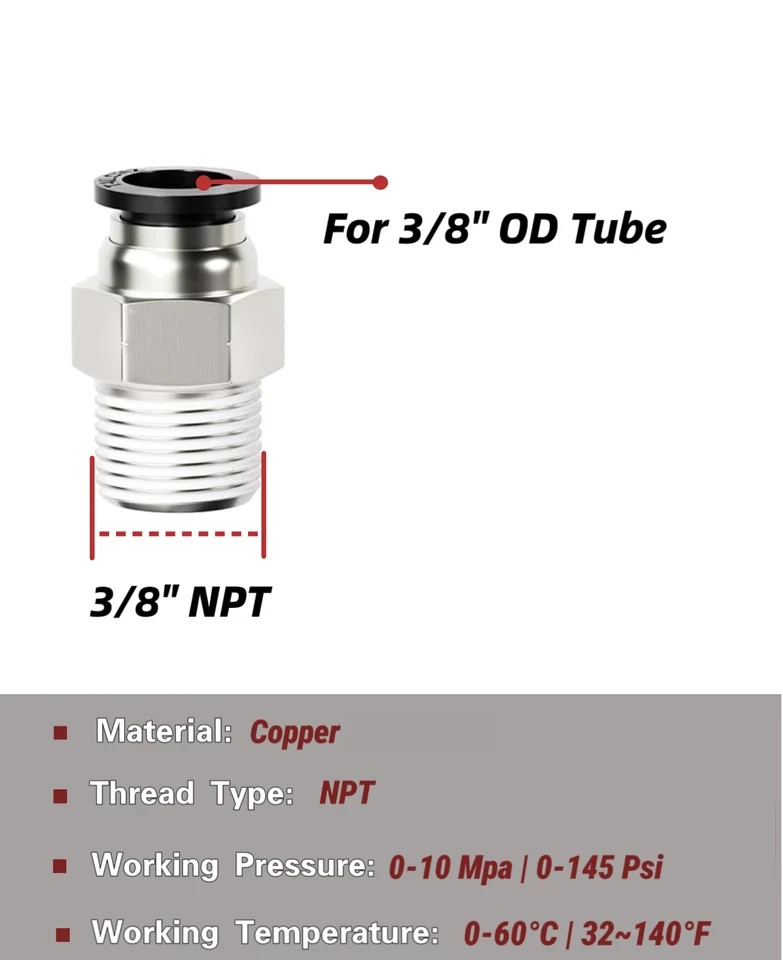 LokoCar Male Straight 3/8"Tube OD x 3/8"NPT Thread Push to Connect Fitting 5Pcs
