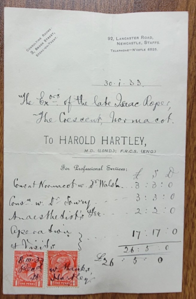 1933 Harold Hartley M.D. Invoice for Professional Services