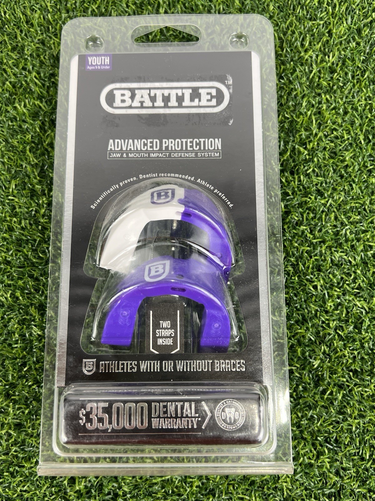 Battle Mouthguard Youth 9U Ever Mold Composite 2 Pack Easy Clip Straps Purple