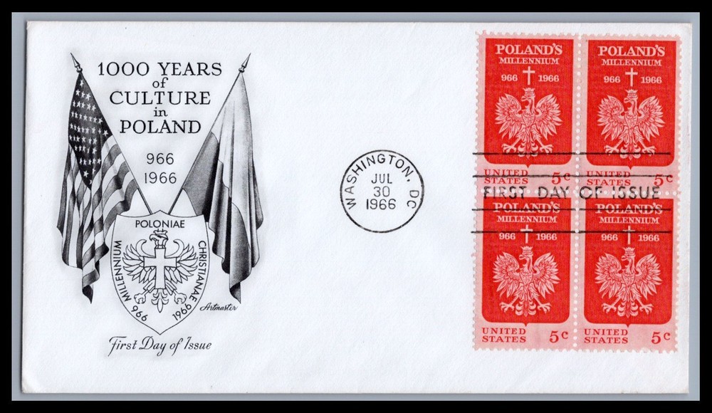 US FDC # 1313 5c Poland Artmaster block  1966, 9E354