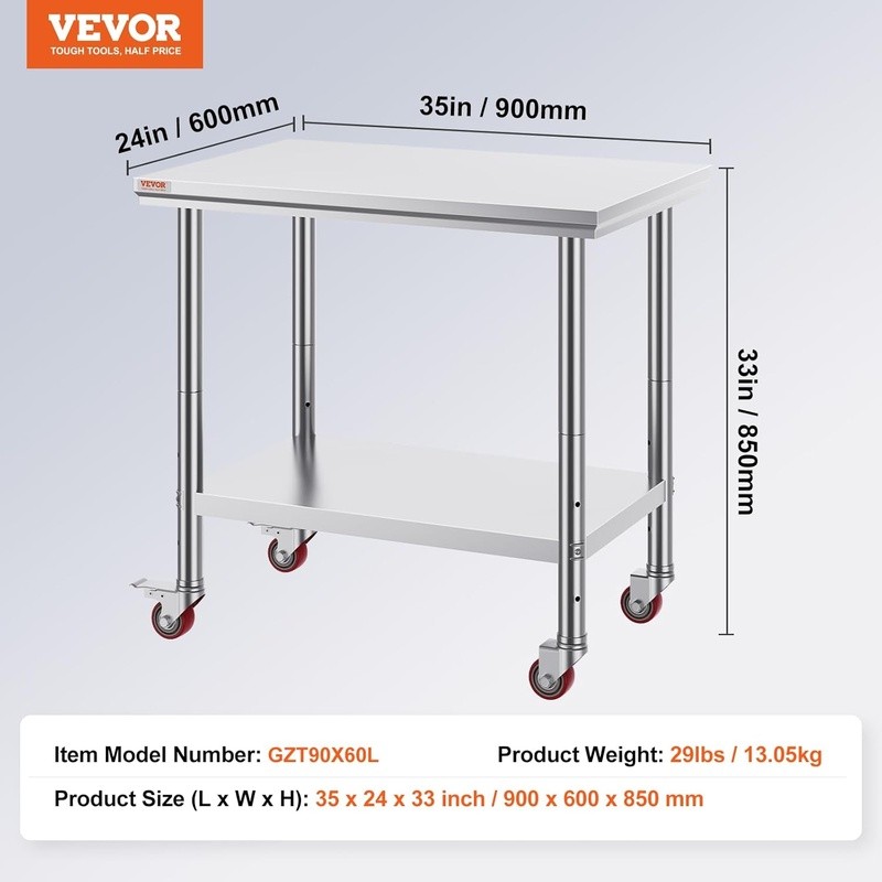 Heavy Duty Stainless Steel Prep Table W/ Adjustable Undershelf & Rolling Wheels