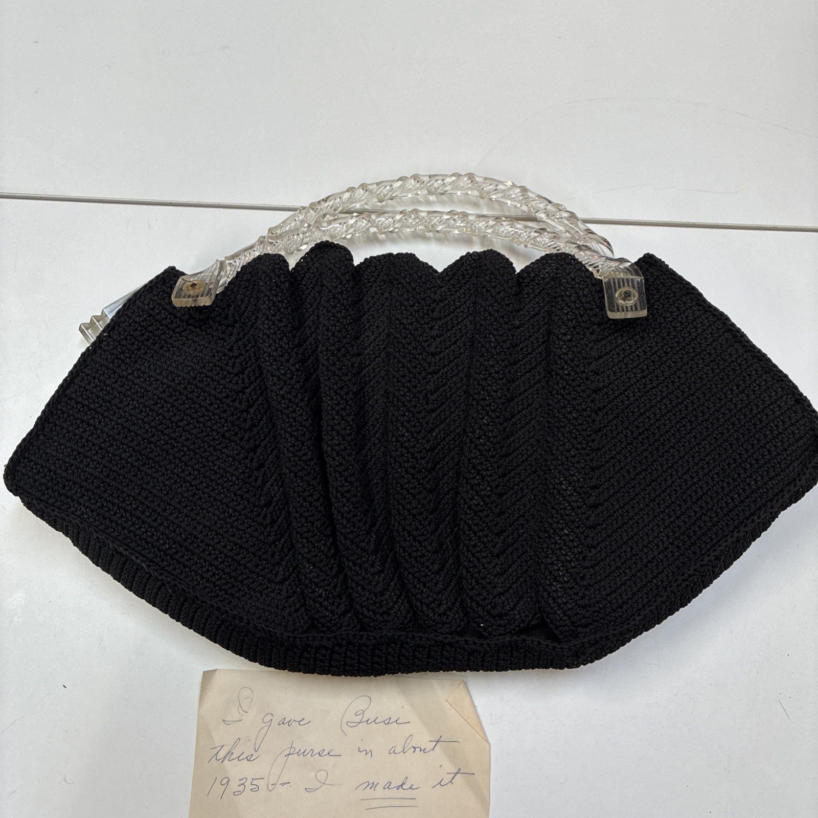 1930s Art Deco Crochet Handbag Clear Lucite Style Handle Provenance Depression