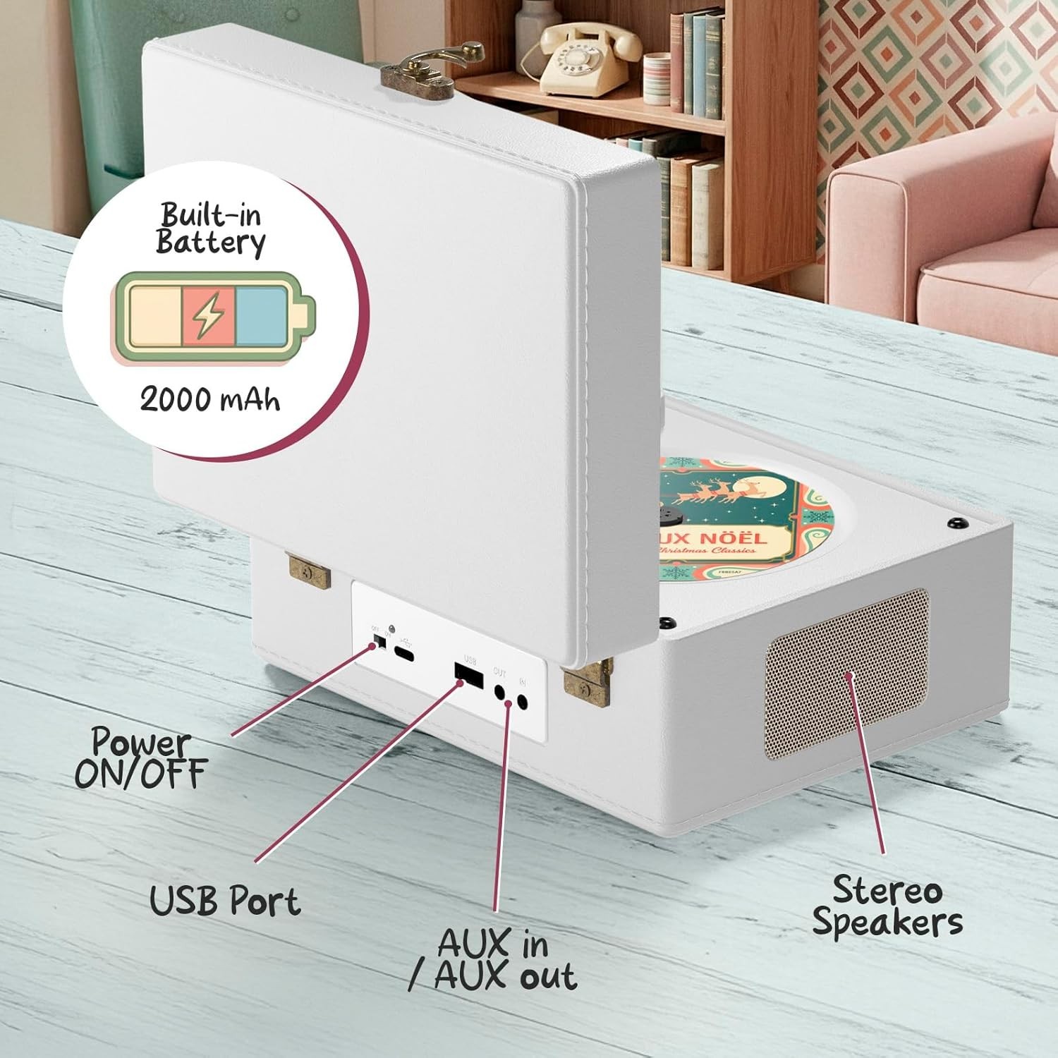 KLIM Retro CD Player – Vintage Style Portable Boombox w/Bluetooth, USB - White