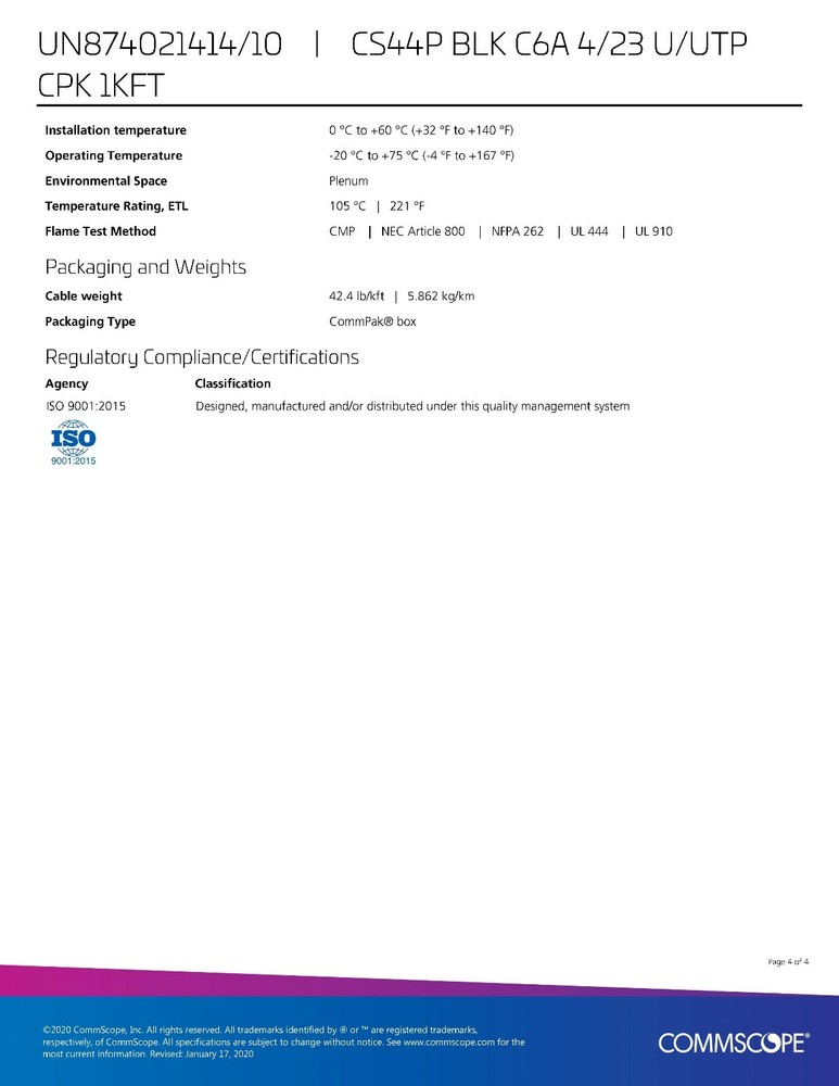 Commscope CS44P Cat6A U/UTP Network Ethernet 10G 10Gig Cable Plenum Black /50ft