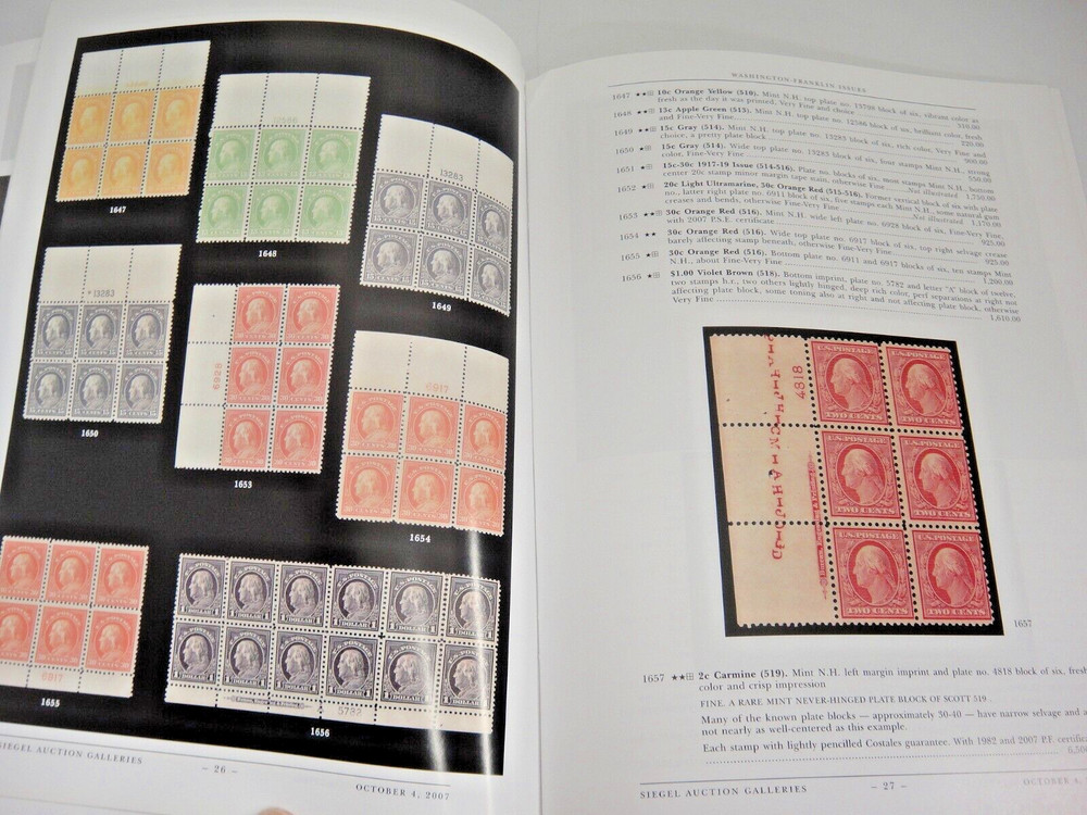 Siegel Stamp Auction Catalog US Plate Blocks Washington Franklin Issues 2007