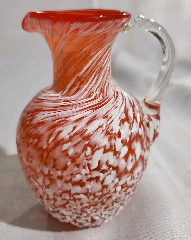 4"T Hand Blown Orange Spatterware Clear Handled Pitcher