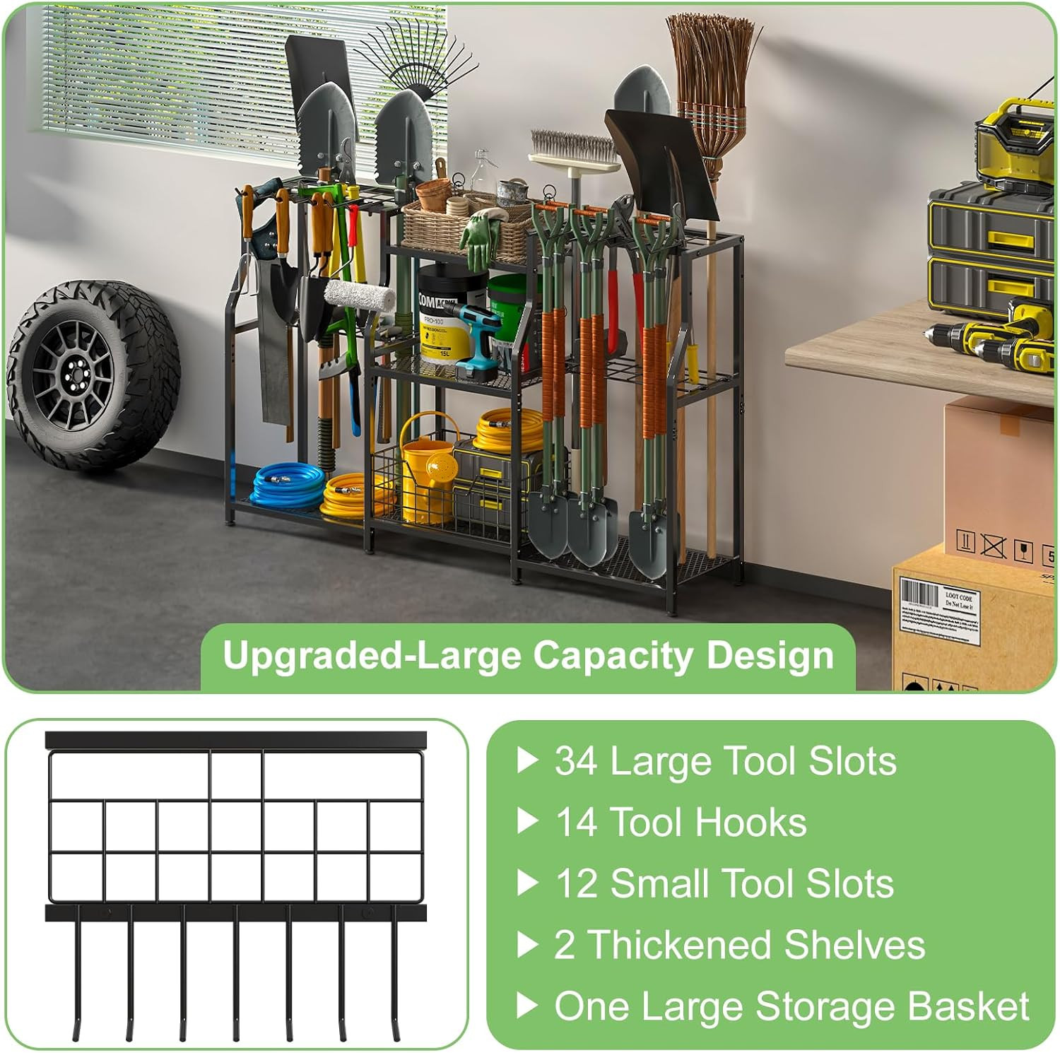 Heavy Duty Garden Tool Organizer Rack - 3 Tier Storage with Hooks