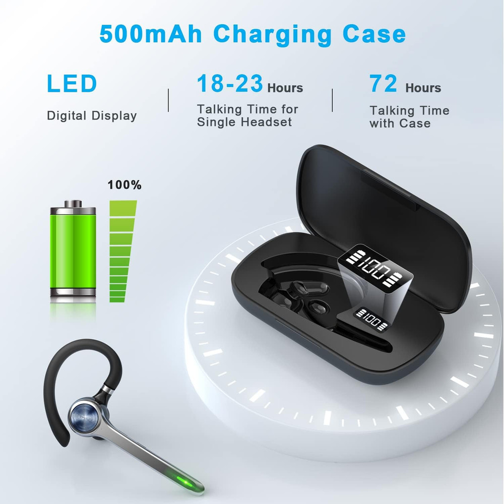 Bluetooth Headset, Wireless Bluetooth Earpiece with 500Mah Charging Case 72 Hour