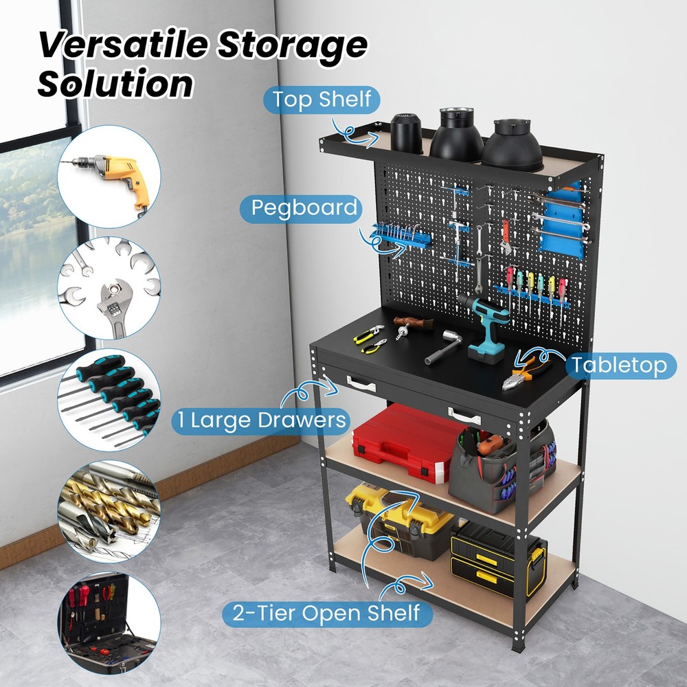 Multi-use Workbench w/ 2 Shelves Heavy-Duty Work Table Tool Storage Bench Black