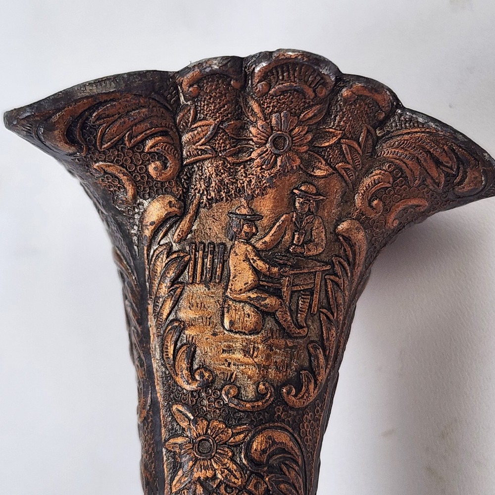 Pair 2 Fluted Copper Plated Metal 4" Bud Vases Dutch & Floral Embossed Theme