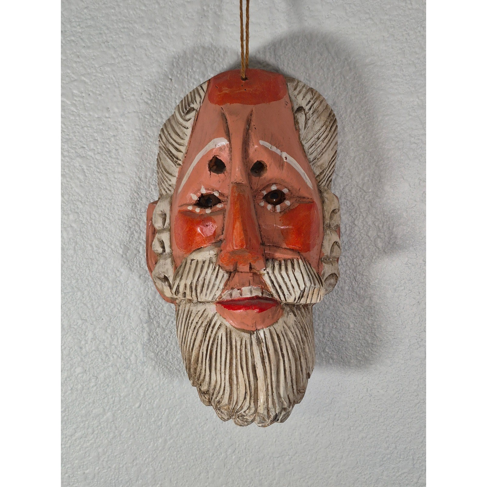 Vintage Hand Carved Wood Guatemala Folk Art Dance Mask Bearded Man Glass Eyes