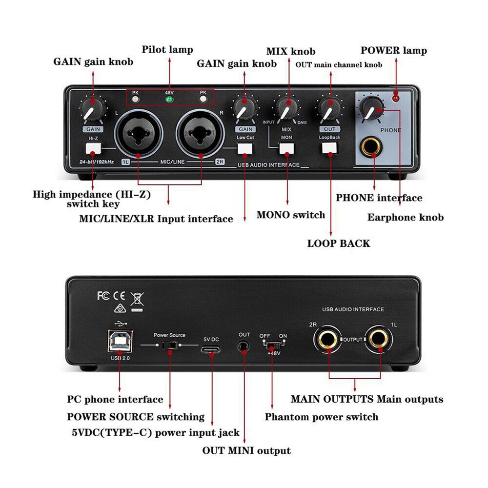 USB Audio Interface Professional Sound Card for Studio Singing Recording
