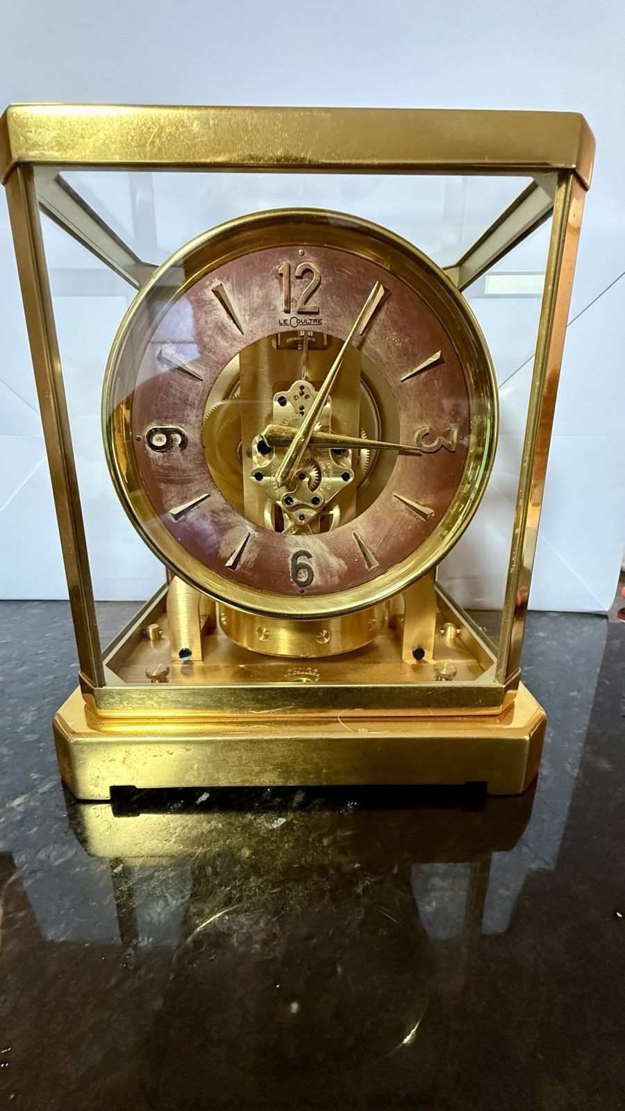 LeCoultre Brass Mechanical Gold Art Deco Square Desk Clock Glass Case