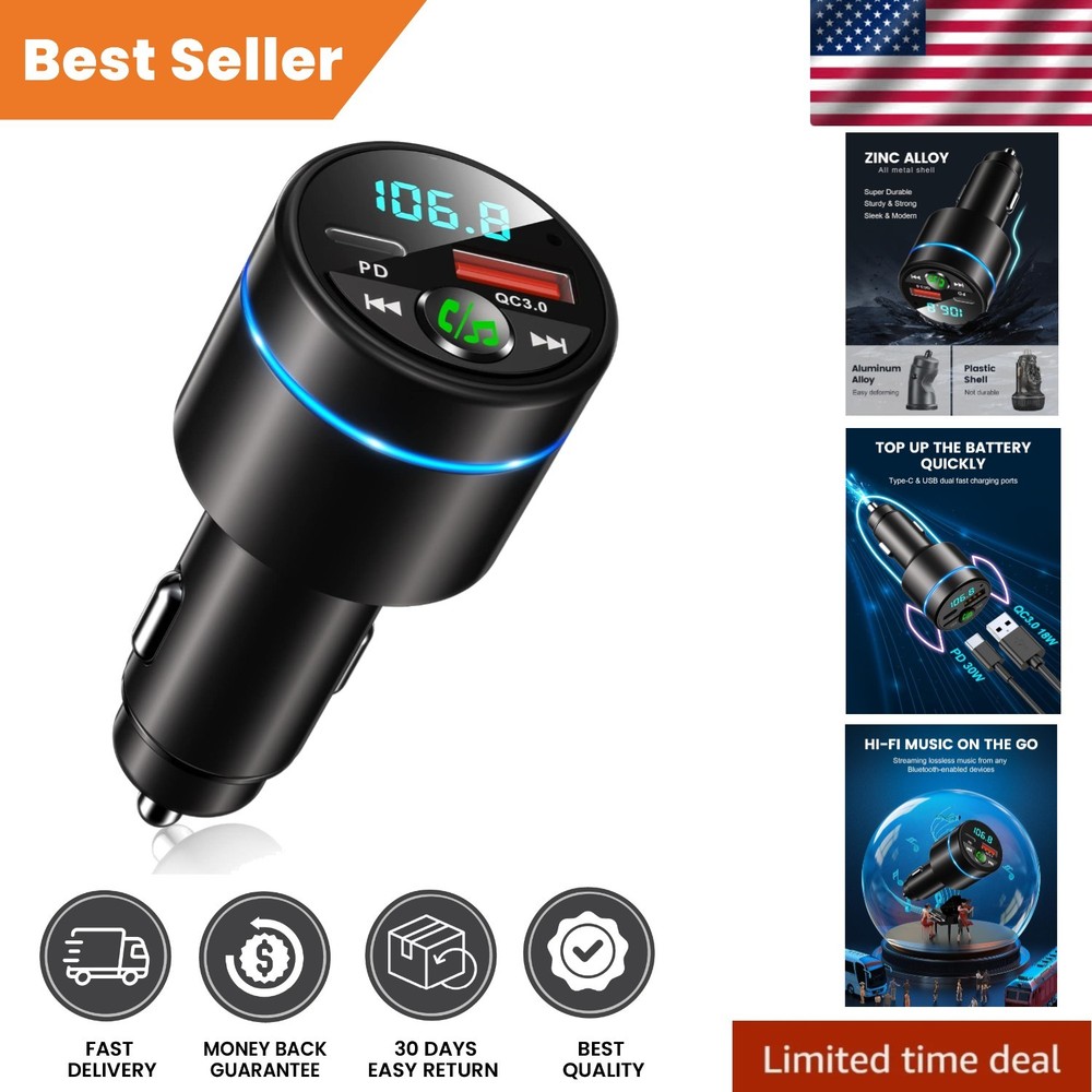 Compact Bluetooth 5.3 Car FM Transmitter with Dual Fast Charging & Blue Light