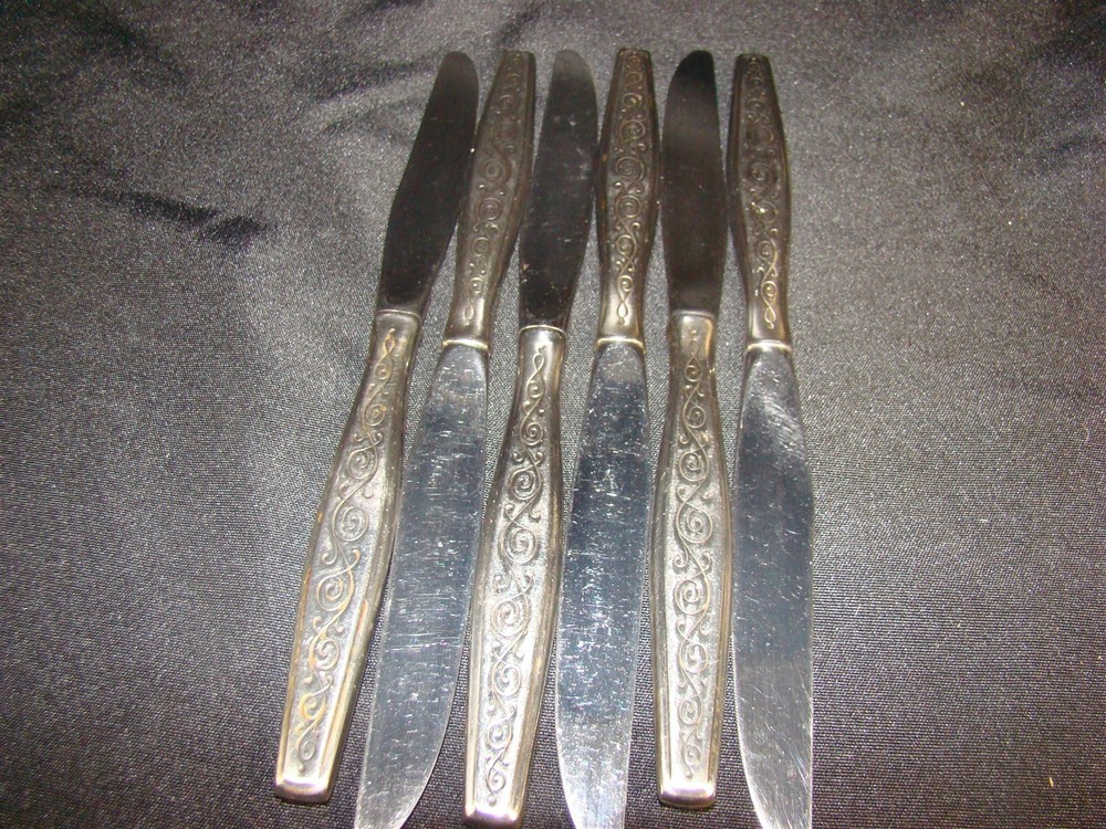 6 Dinner Knives 9” Gorham Spanish Scroll Stainless Burnished Handle Gloss Used
