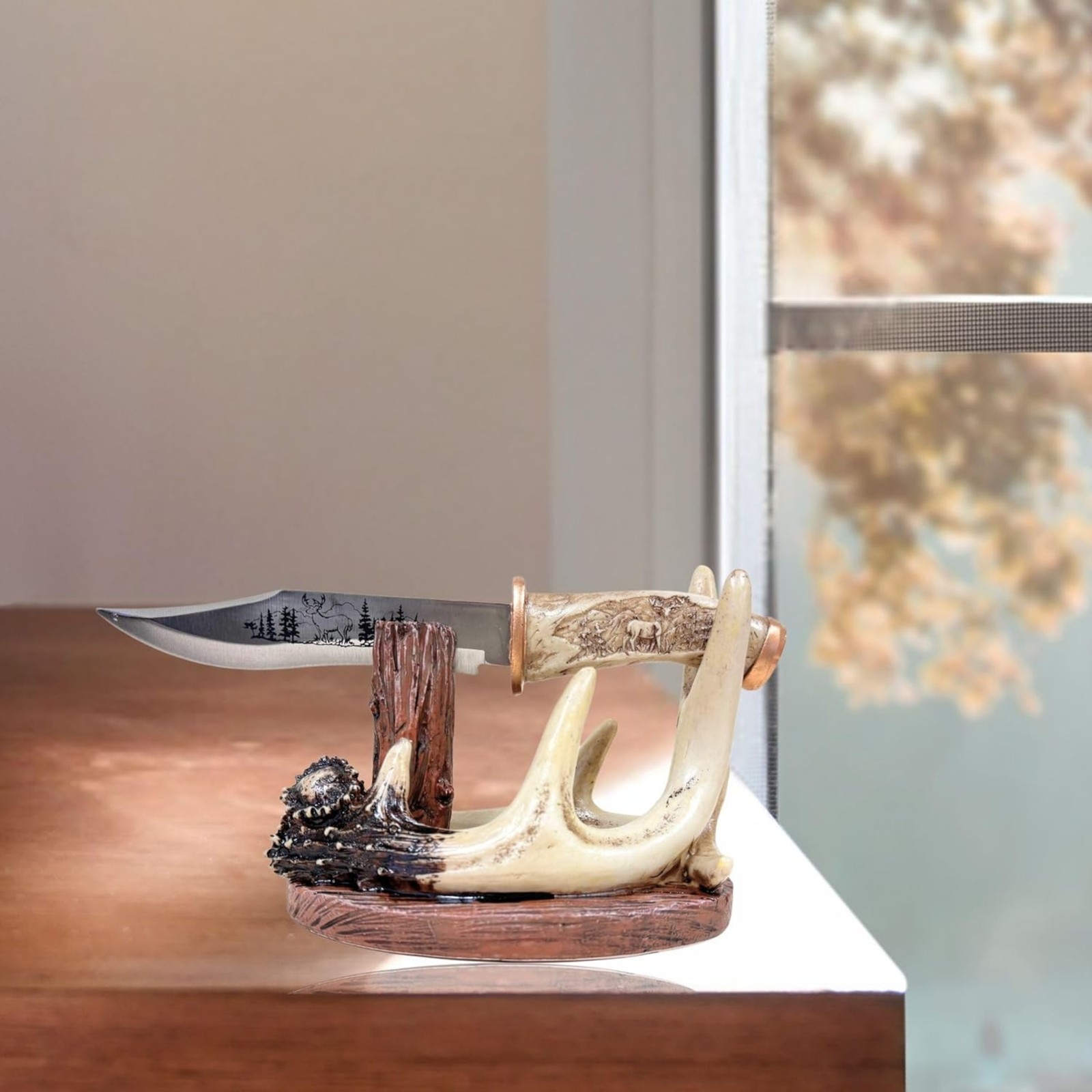 Deer Buck Blade Knife with Faux Antler Stand – Cabin & Hunting Decor