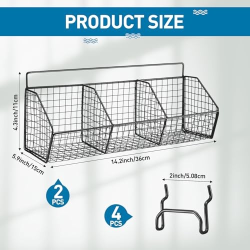 2 Pcs Divided Pegboard Baskets Set Metal Garage Storage with 4 Pegboard Black