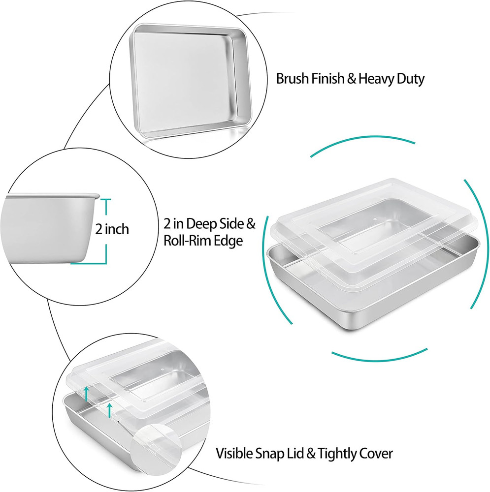 Lasagna Pan with Lid, 12.3’’ X 9.75’’ X 2’’, Stainless Steel Rectangular Baking