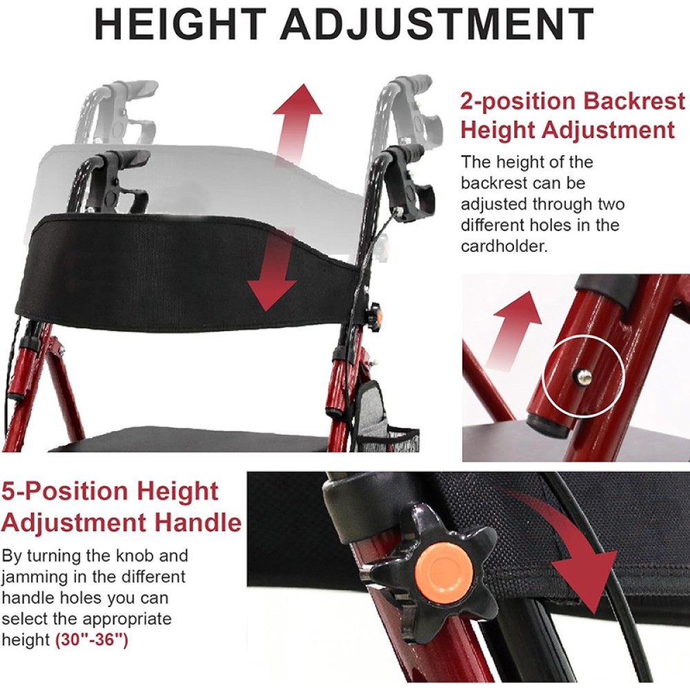 Red Rollator Walker for Seniors Capacity 5 Level Adjustable Lightweight Foldable