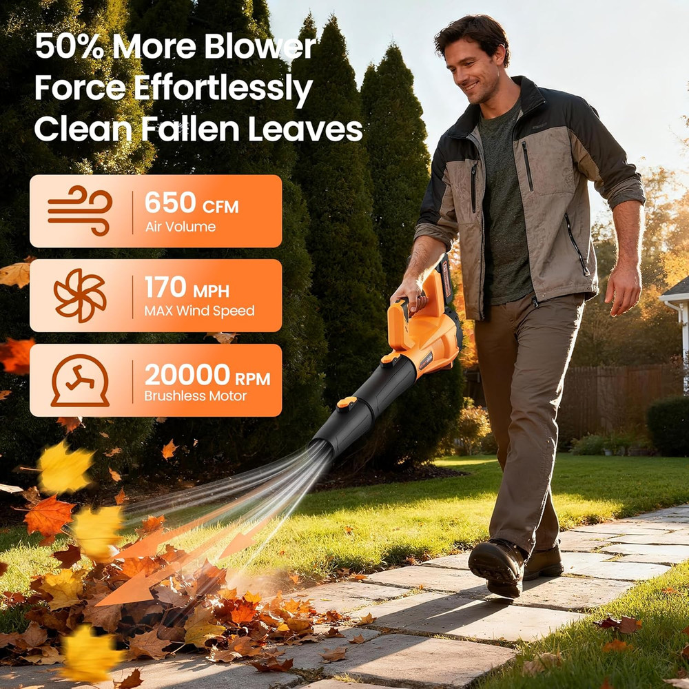 Cordless Leaf Blower 650 CFM/170 MPH, 6-Speed, Includes 2 Batteries