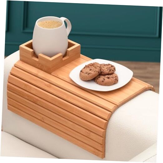 Bamboo Couch Tray & Armrest with Cup Holder - Versatile Drink & Snack Holder