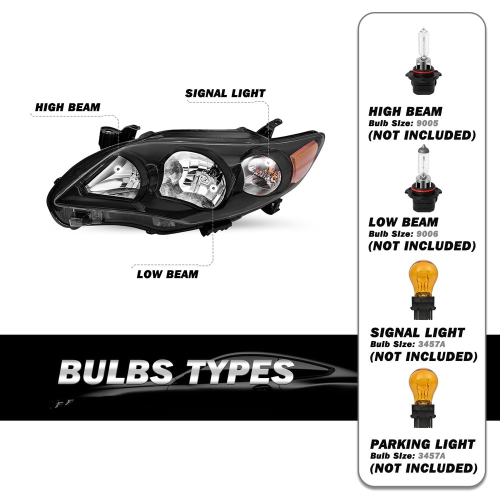 Headlight Assembly Compatible with 2011-2013 Toyota Corolla Replacement Headlamp