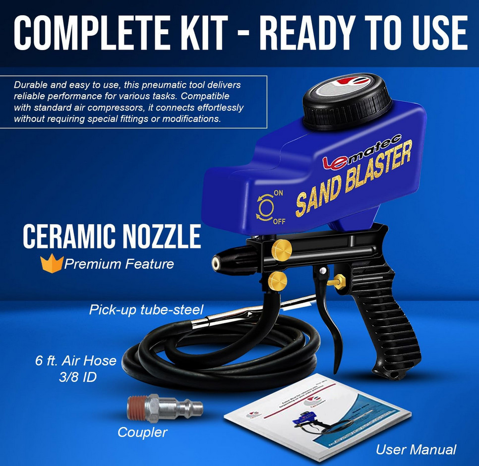 Portable Sand Blaster Gun Kit for Rust Removal & Glass Etching - Requires 150PSI