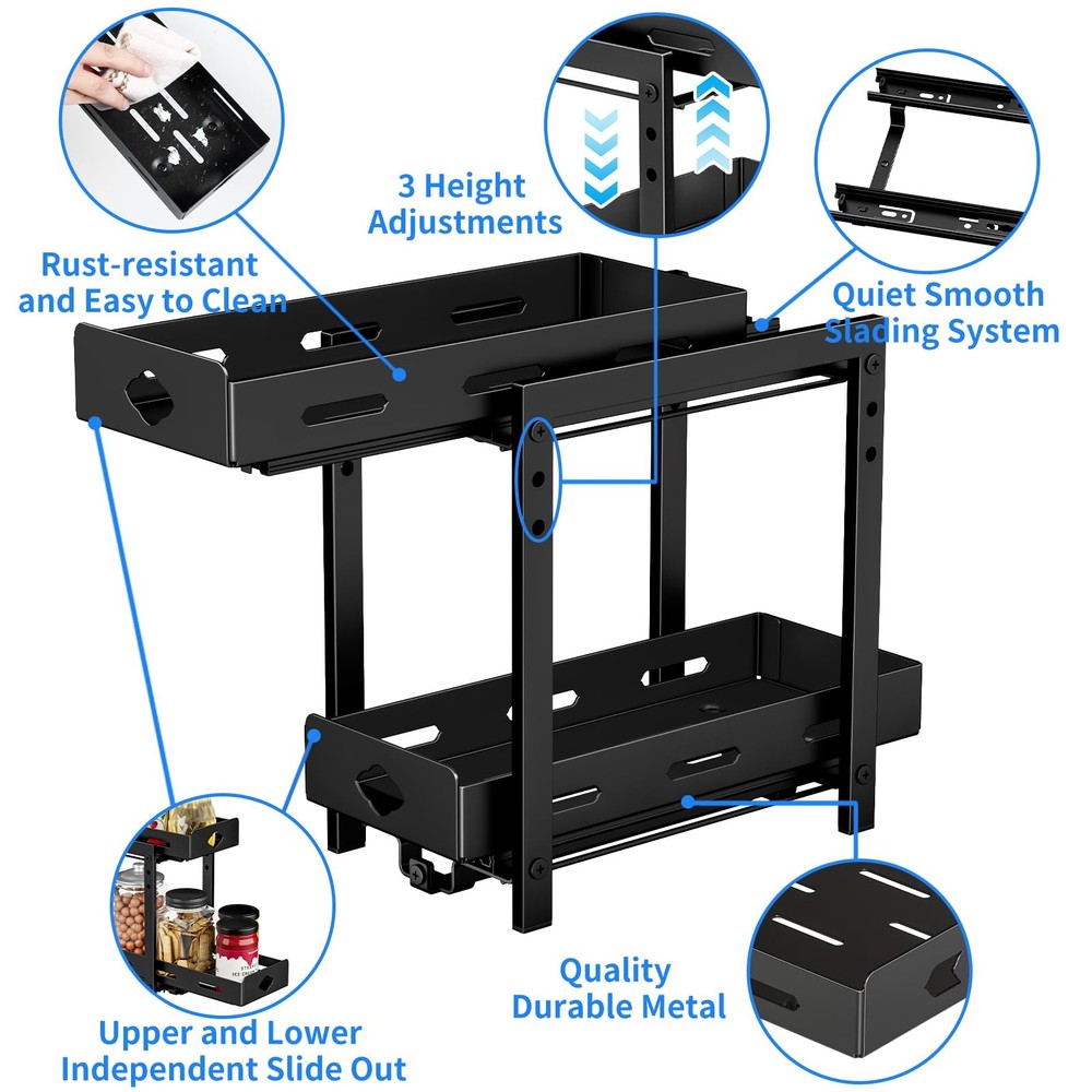 BOIVSHI Pull Out Spice Rack Organizer 2-Tier Vertical Adjustable Metal Black