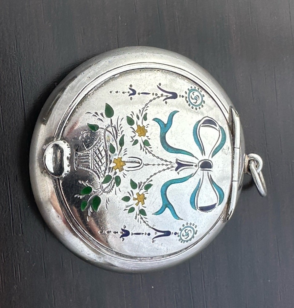 Antique Solid Silver Enamel Rouge Box Pendant c.1920