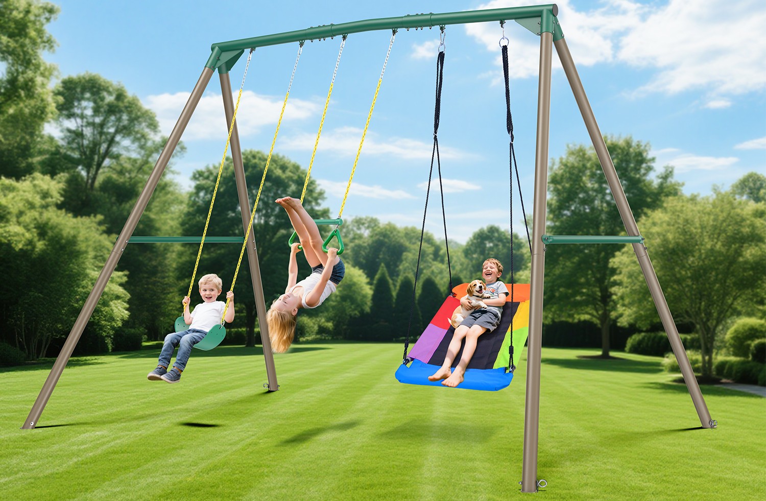 9.5ft Tall A-Frame Heavy Duty Metal Swing Set with 3 Swings and Trapeze Bar