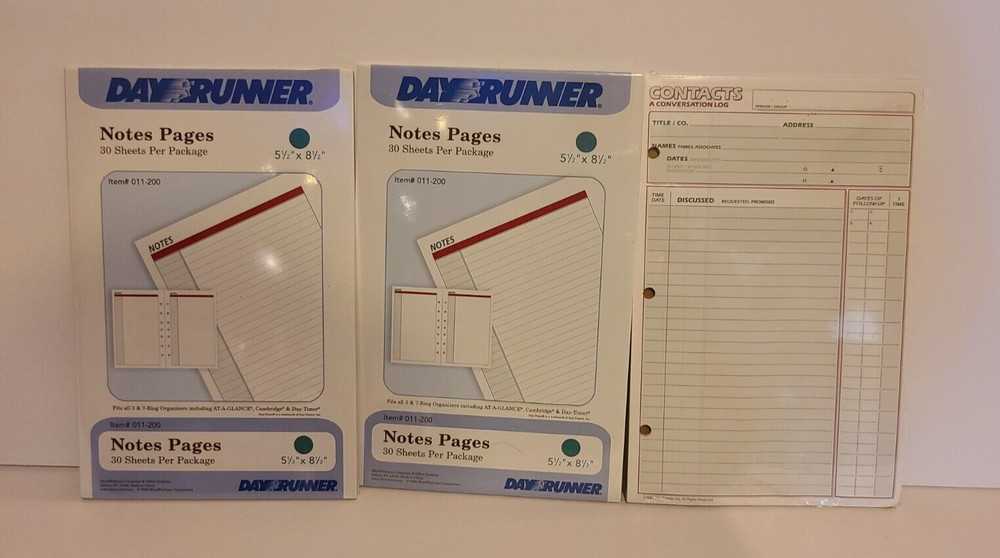 Day Runner Classic 3-Ring Refill  Contacts Conversation - Notes Refills 7 Ring