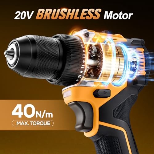 20V Brushless Cordless Drill/Driver, Compact Power Drill Set Yellow