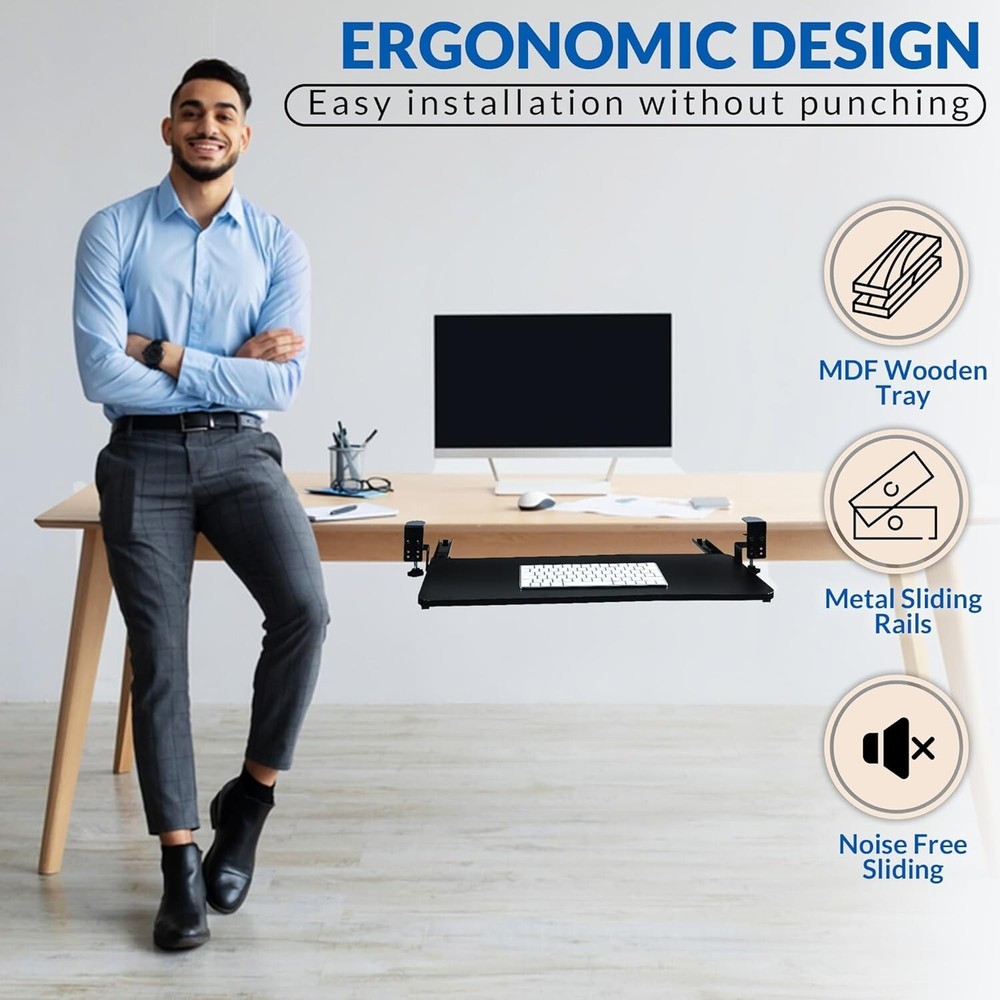 Keyboard Tray Under Desk, Pull Out Keyboard & Mouse Tray with C Clam