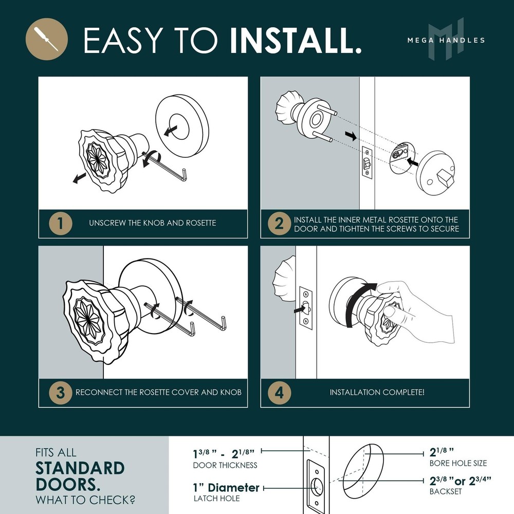 Mega Handles Feerie Crystal Door Knobs - 1 Pack Reversible Interior Privacy D...