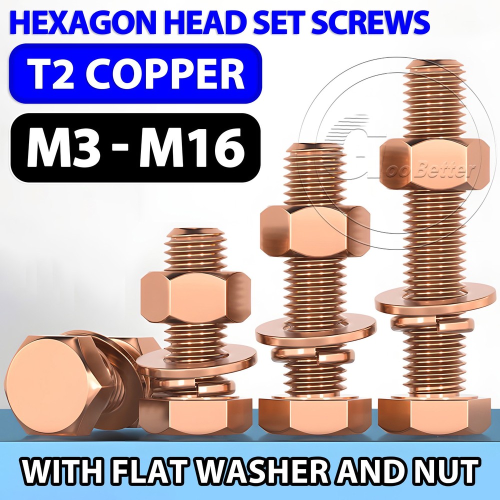 SOLID COPPER SET SCREWS HEXAGON HEAD FULLY THREADED BOLTS WITH FLAT WASHER & NUT