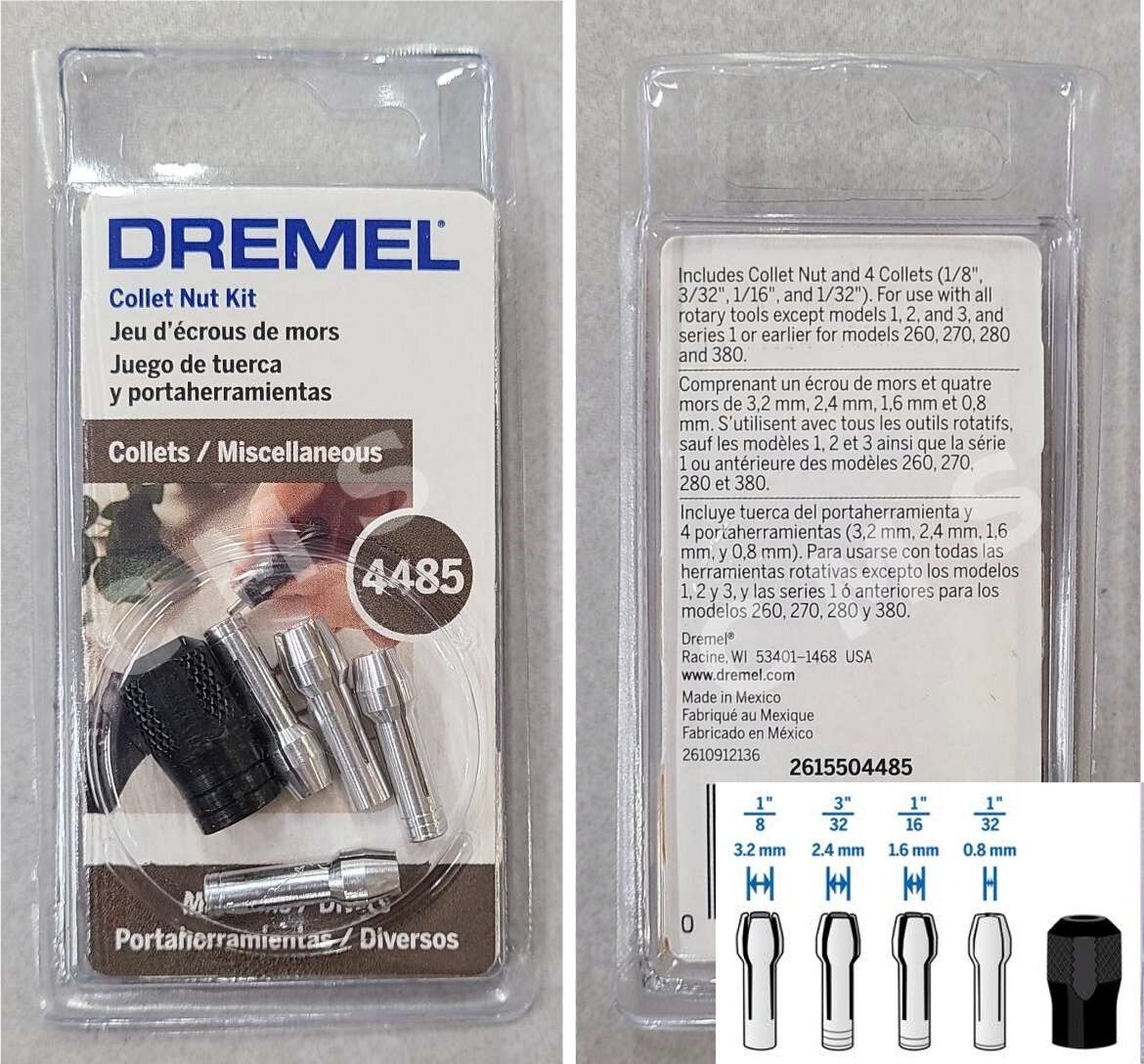 DREMEL 4485 Drill Chuck Collet Nut Adapter Kit 5-PIECE Quick Change 1/8" 3/32"