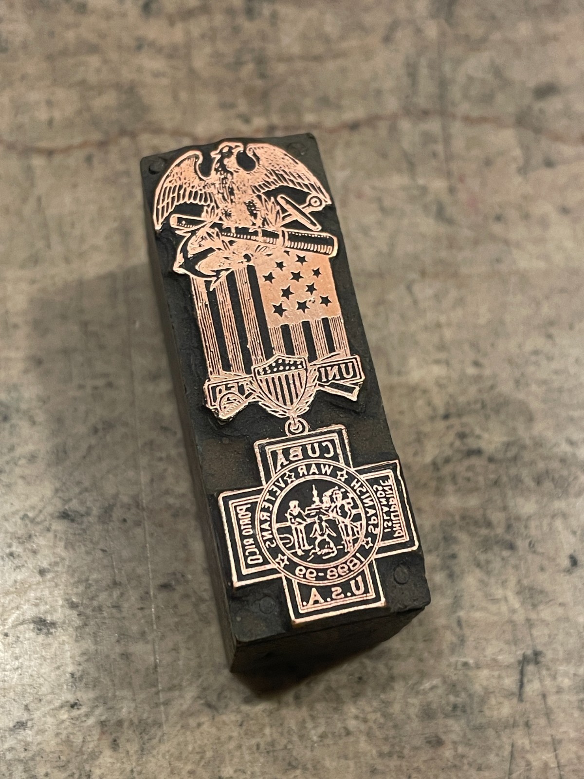 Printing Letterpress Printers Block Copper Spanish American War Medal (1623)