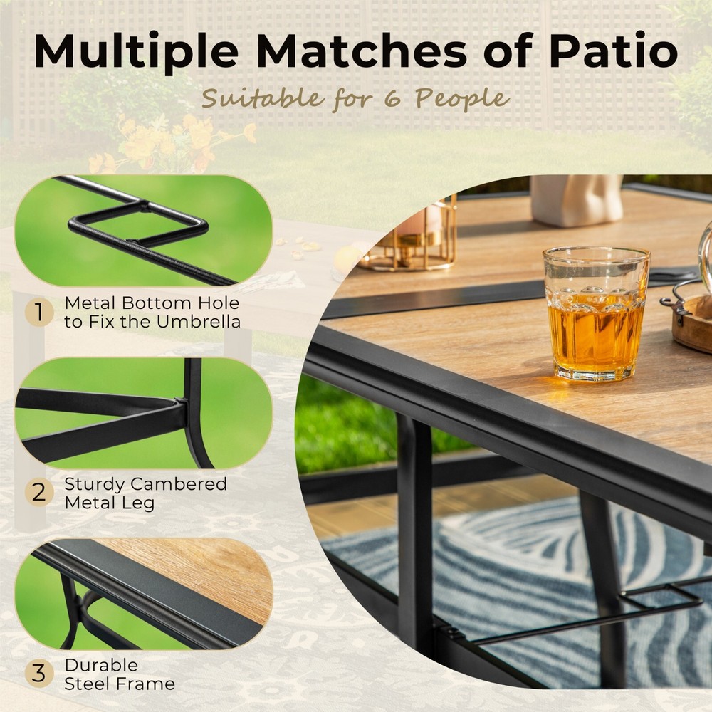 Outdoor Dining Table with Umbrella Hole Rectangular Patio Table for 4-6 Person