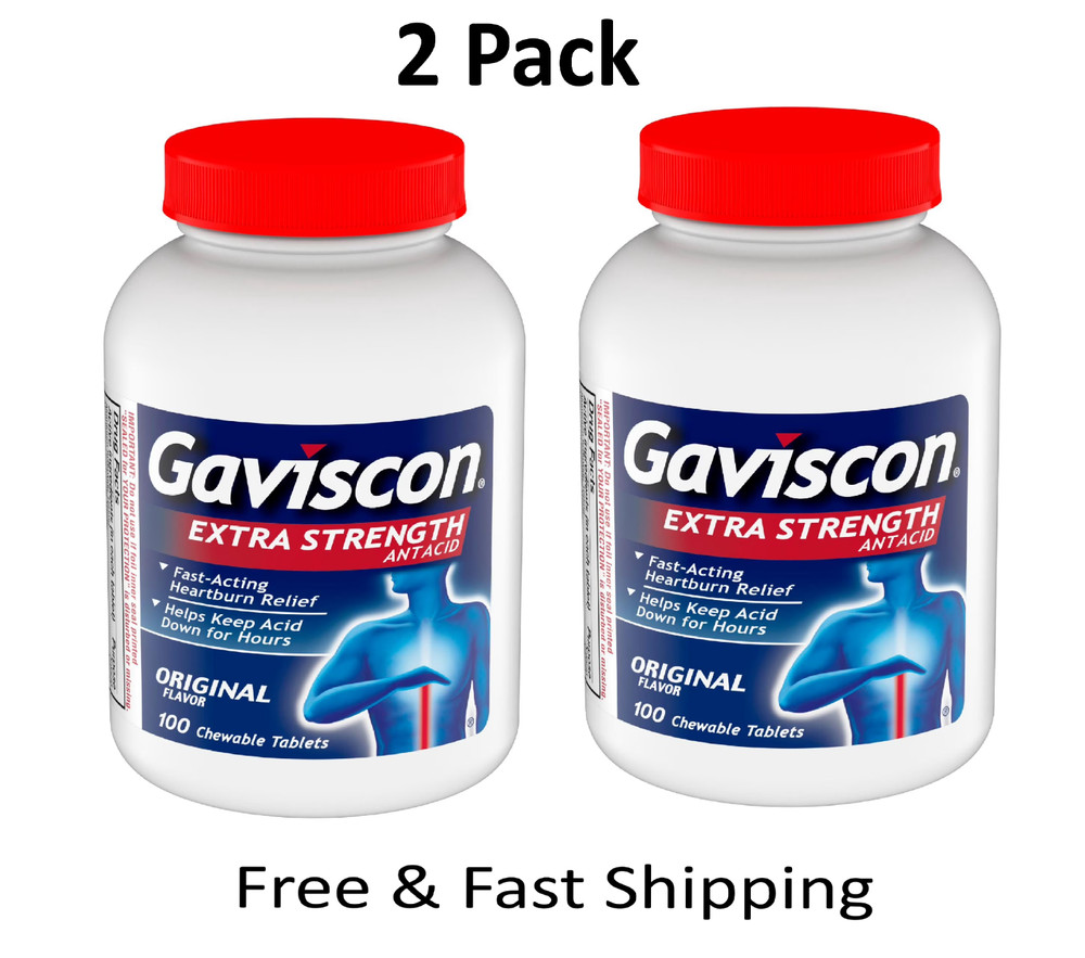 Gaviscon Extra Strength Chewable Antacid Tablets, Original 100 ea( 2 pack)