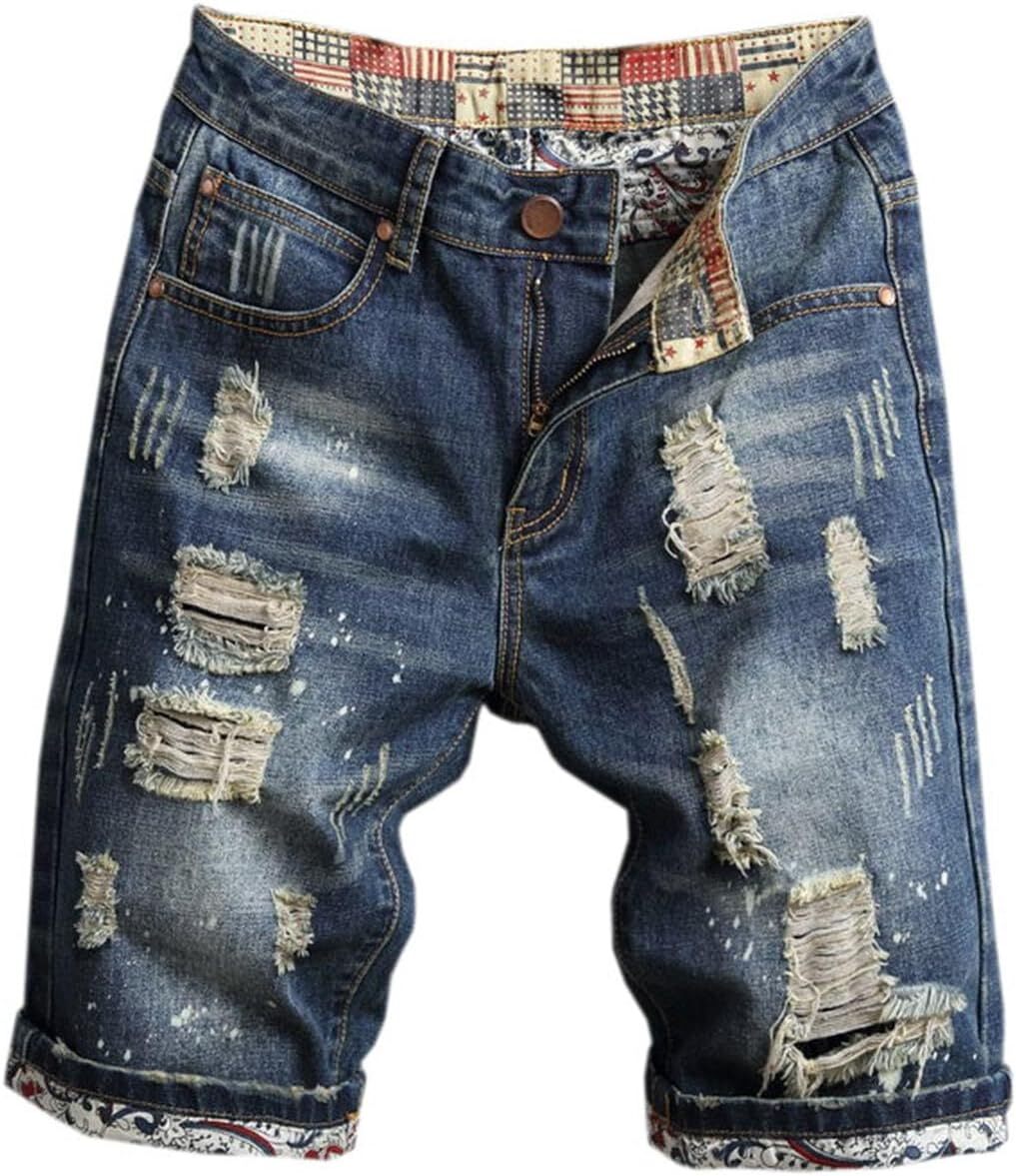 Men's Distressed Denim Shorts Summer Casual Straight Fit Ripped Jean Style