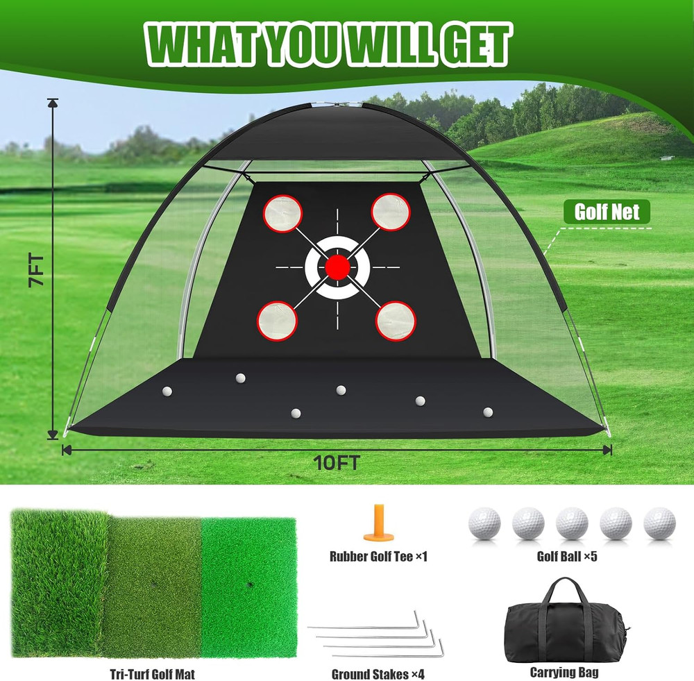 Golf Net with Practice Mat,Golf Hitting Aid Nets 10X7Ft for Backyard Driving Chi