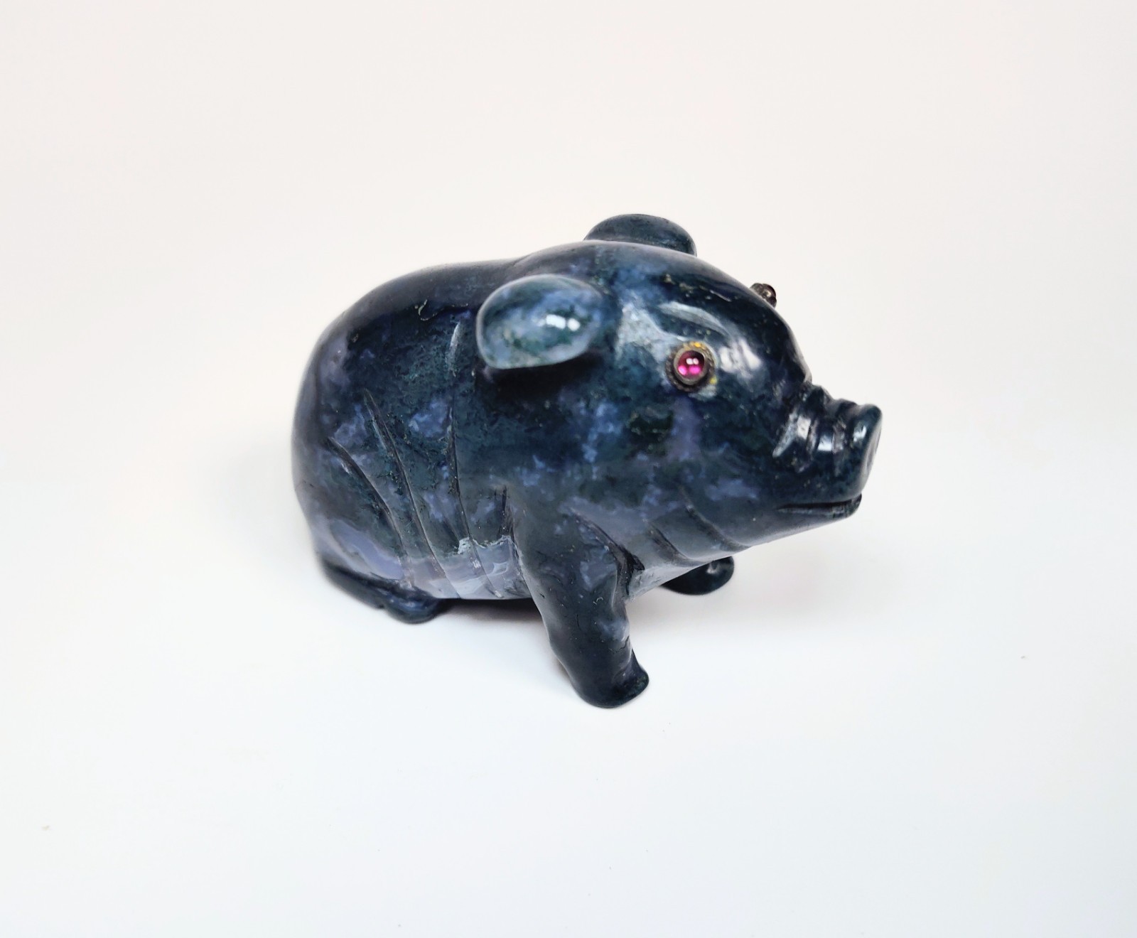Antique 1920s Hand-Carved Blue-Green Aventurine Pig with Bezel-Set Garnet Eyes