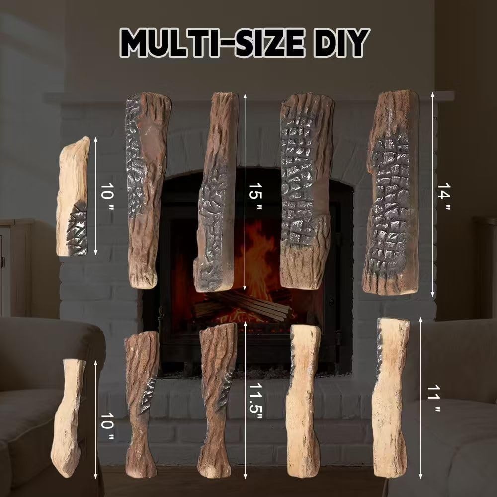 Large Ceramic Fireplace Gas Logs, 10 Pcs Set of Decoration Wood Logs for Ventles
