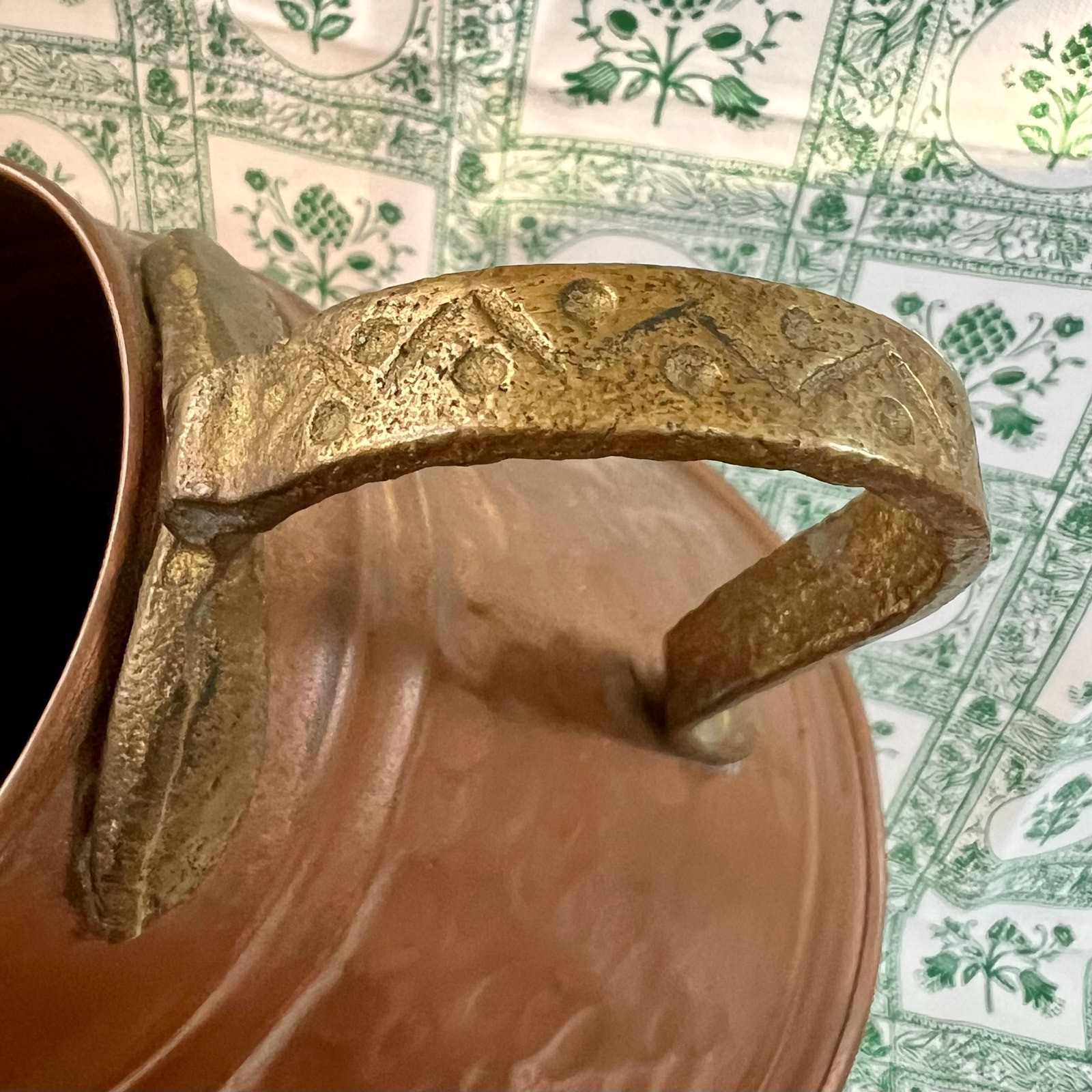 Vintage 1950s Hammered Copper Pitcher Jug Brass Handle Rustic Kitchen Decor