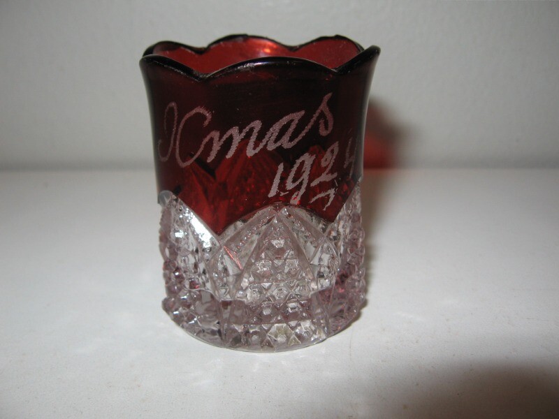 Ruby Flashware Glass Toothpick Holder Marked Xmas 1924 2 1/8" VGC