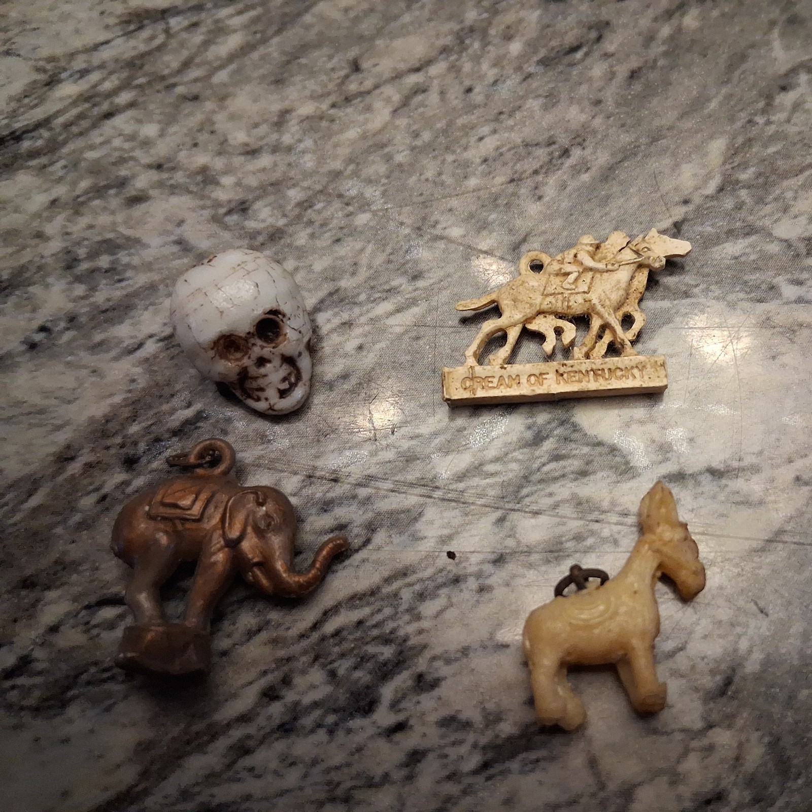 1940s Celluloid Horse Racing Charm Lot Schenley WhiskeyPremium Gumball Toy Skull