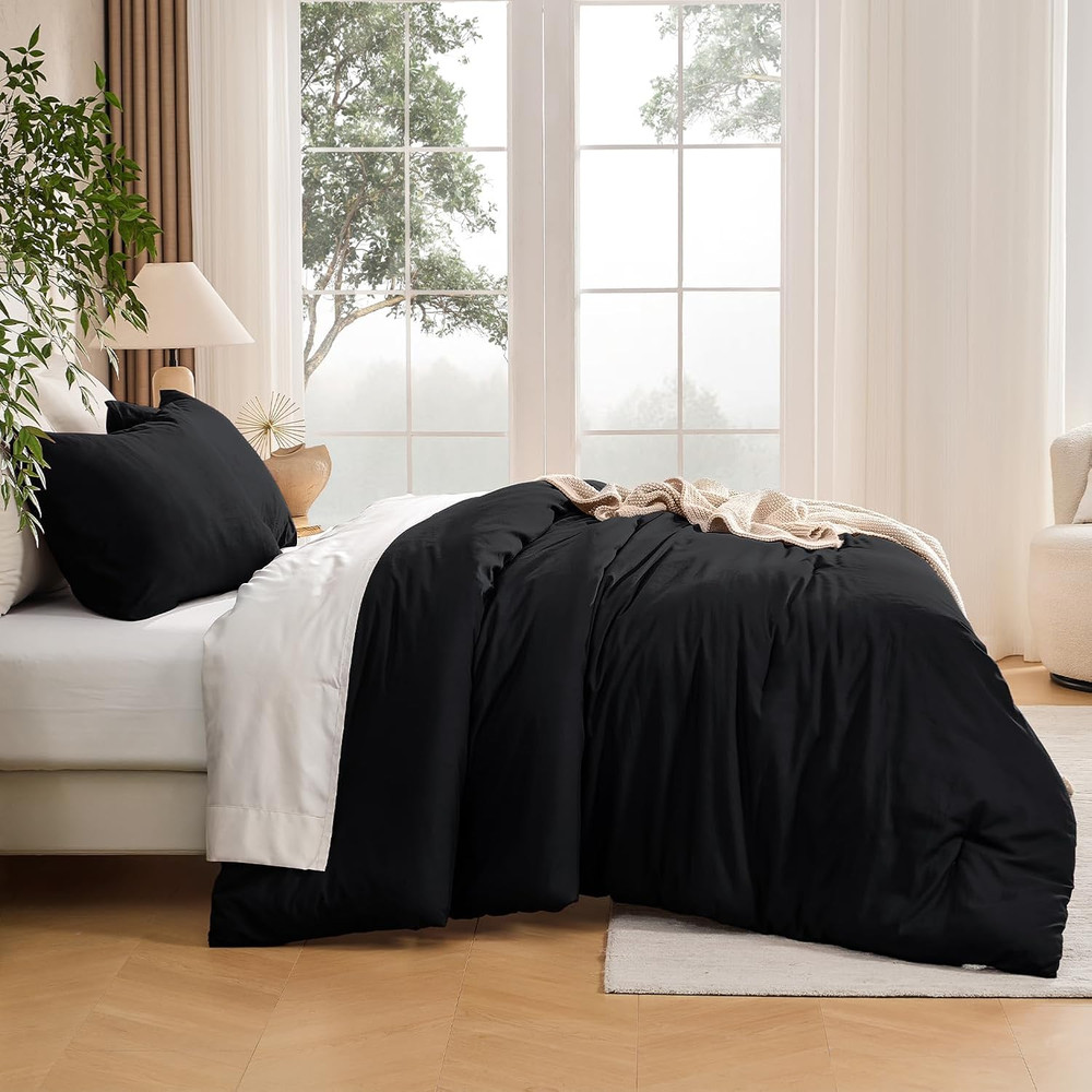 Black Full Size Comforter Set, 3 Pieces Fluffy Solid Bedding Comforters & Sets,